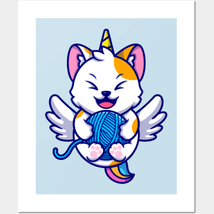 Cute Cat Unicorn Playing Yarn Ball Cartoon Posters and Art